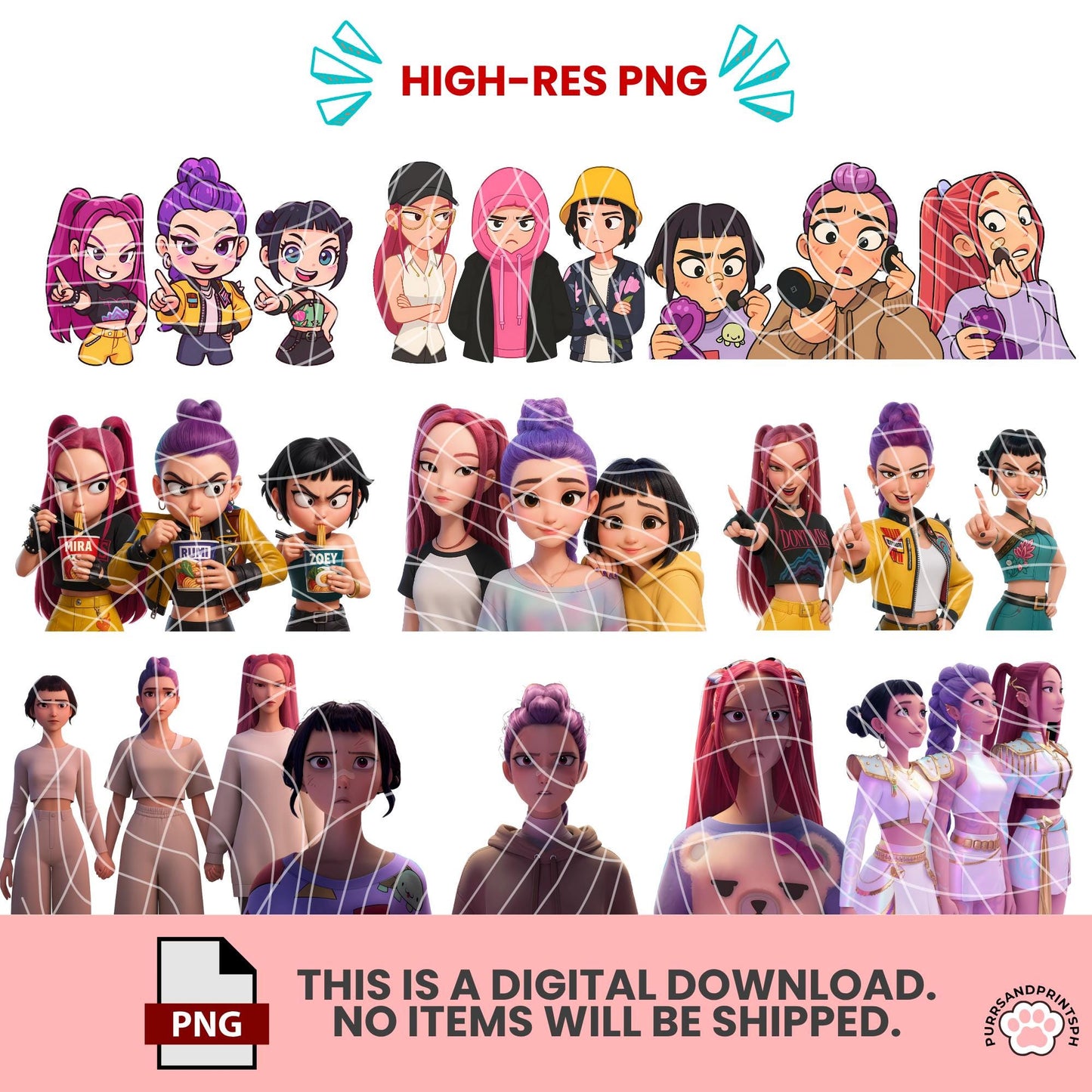 K-pop Demon Hunters Clipart Pack – Huntr/x Saja Boys – 300 DPI High-Resolution PNG transparent – Rumi, Mira, Zoey – Instant Digital Download