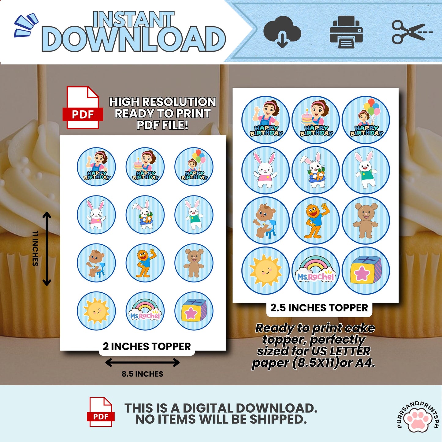 Miss Rachel Inspired Cupcake Toppers Boy – 12 Designs | Instant Download | High-Resolution PDF | Printable Birthday Party Decor | DIY Party