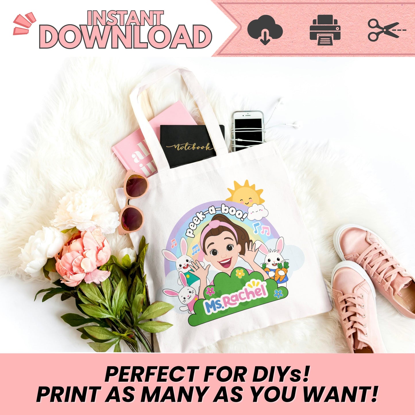 Miss Rachel Peek-a-Boo Birthday Printable | Bunny & Rainbow PNG | 300 DPI DIY Party Decor