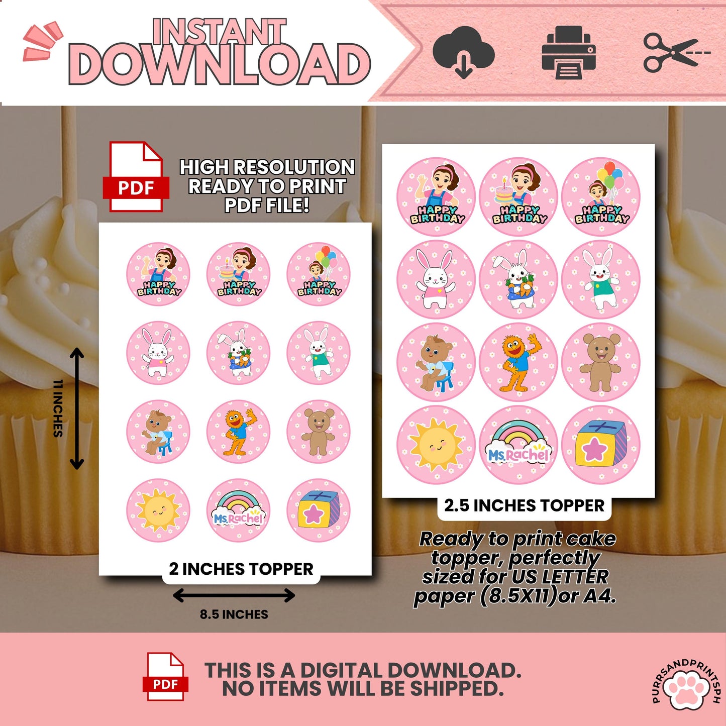 Miss Rachel Inspired Cupcake Toppers Girl – 12 Designs | Instant Download | High-Resolution PDF | Printable Birthday Party Decor | DIY Party