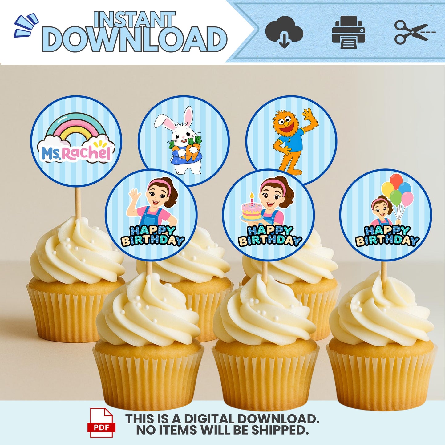 Miss Rachel Inspired Cupcake Toppers Boy – 12 Designs | Instant Download | High-Resolution PDF | Printable Birthday Party Decor | DIY Party