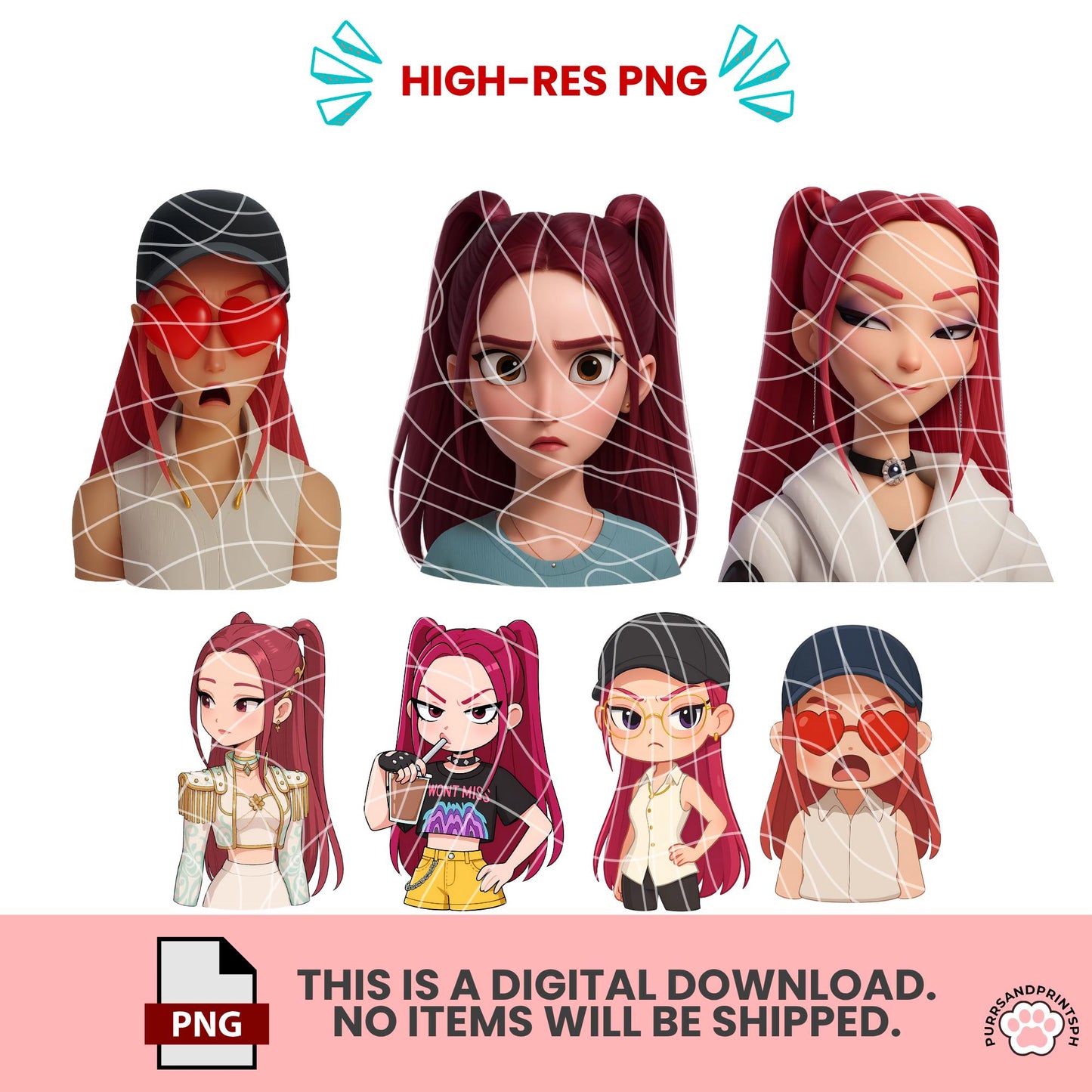K-pop Demon Hunters Clipart Pack – Huntr/x Saja Boys – 300 DPI High-Resolution PNG transparent – Rumi, Mira, Zoey – Instant Digital Download