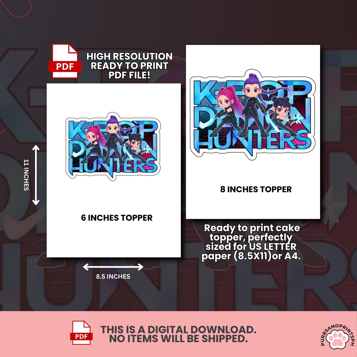 Instant Download Birthday Kpop Demon Hunters cake Toppers, Demon Hunters Cupcake Topper, Printable Birthday Decoration huntr/x design 4