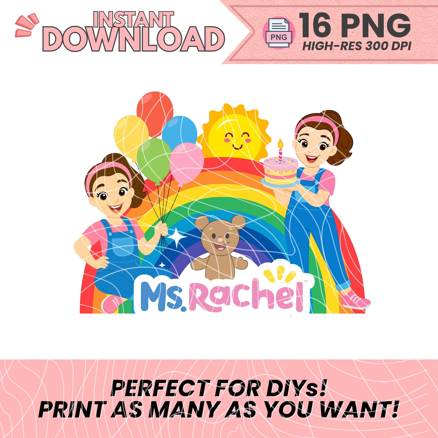 Miss Rachel Clipart PNG Bundle – 16 Digital Images | 300 DPI Transparent Files | Instant Download for Cake Toppers & DIY Party Decor