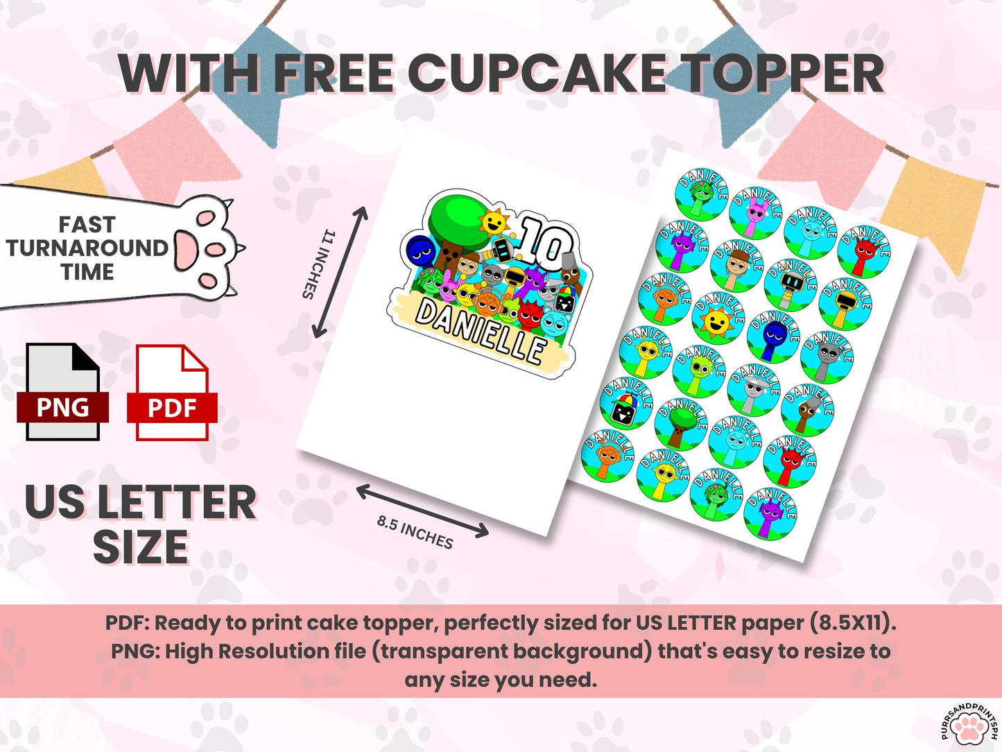 Sprunki Cake Topper – Custom Printable Birthday Decoration For Birthday party PDF with free cupcake toppers
