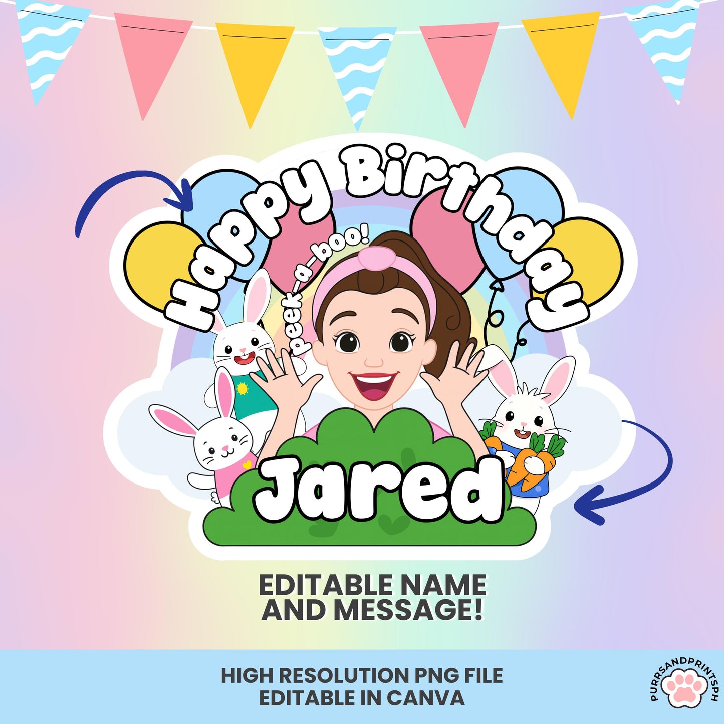 Miss Rachel Bunny Birthday Topper | Editable Canva Template | 300 DPI