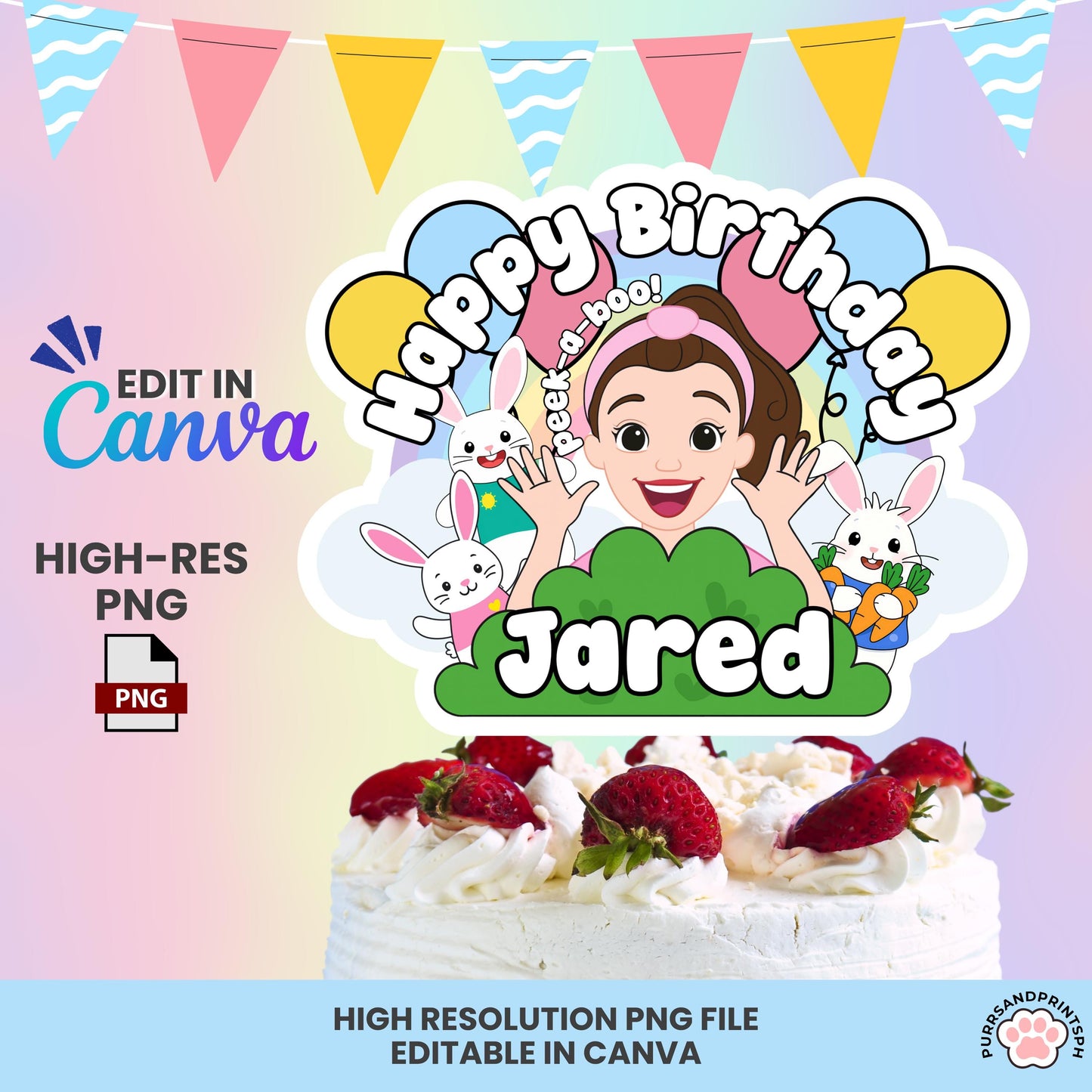 Miss Rachel Bunny Birthday Topper | Editable Canva Template | 300 DPI