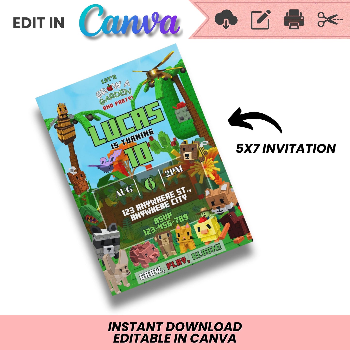 Roblox Grow a Garden Birthday Invitation | Grow a Garden Theme | Editable Canva Template | Digital Download | DIY Birthday Invite 2in 1