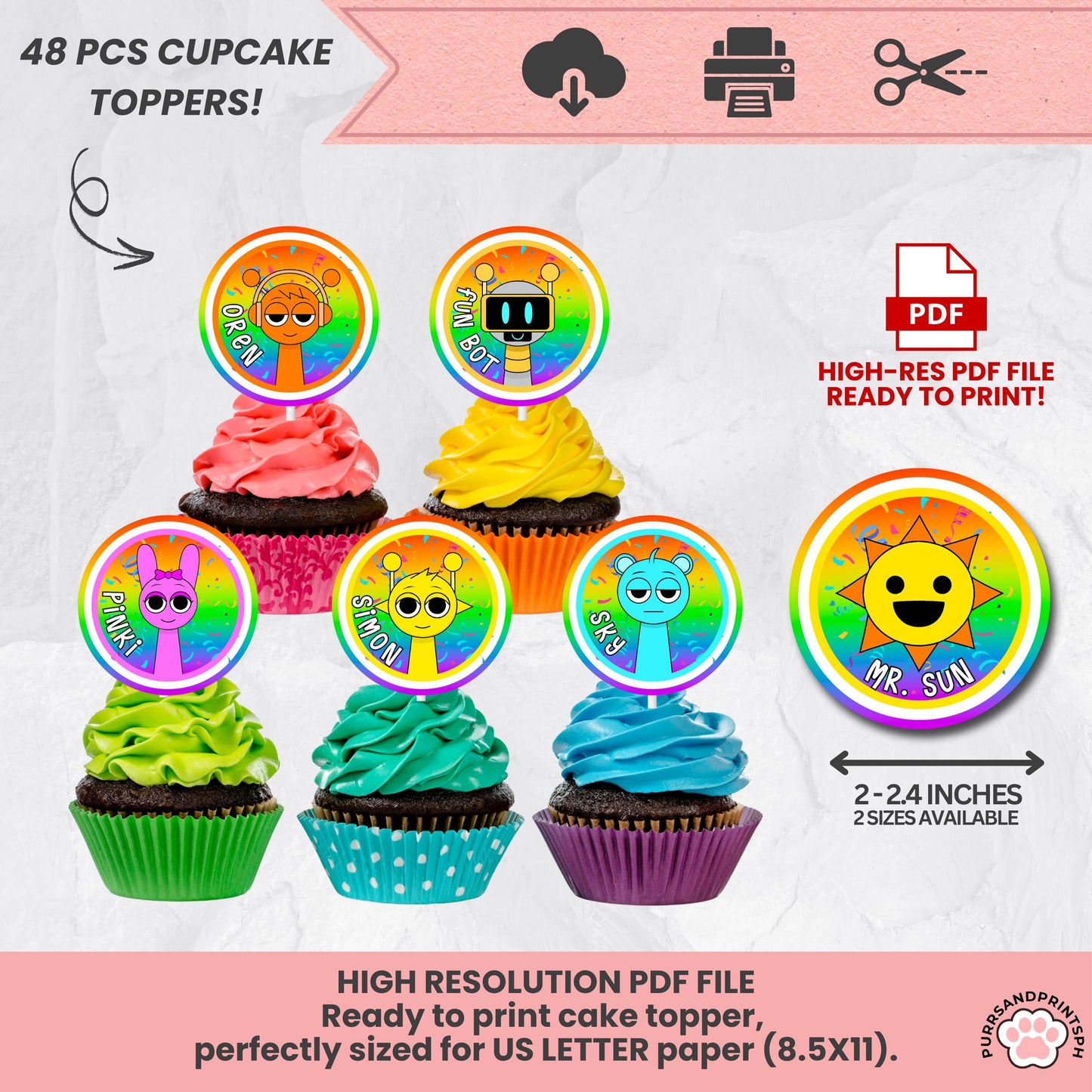 Printable Sprunki Cupcake Toppers Template, Incredibox Sprunki Birthday Party Decor, Digital Kids Party DIY Birthday Digital