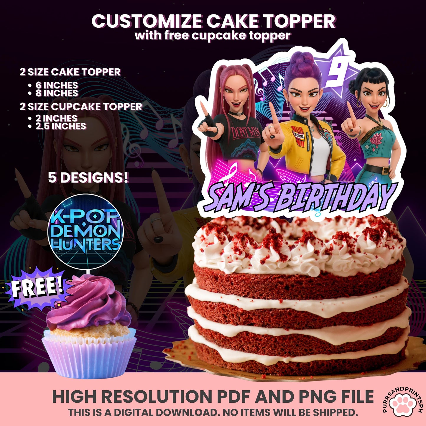 Customize Birthday Kpop Demon Hunters cake Toppers, Demon Hunters Cupcake Topper, Printable Birthday Decoration huntr/x
