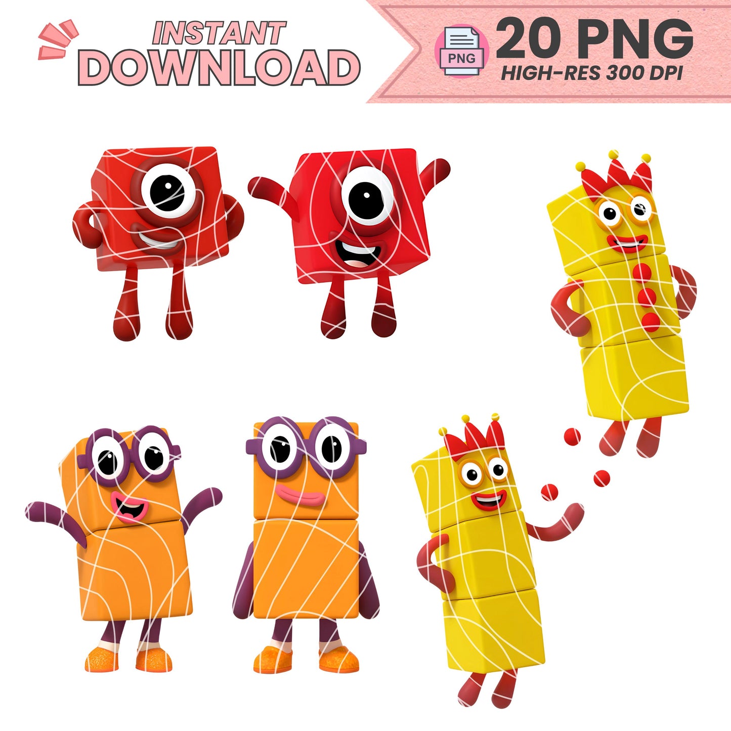 Numberblocks PNG Clipart Bundle – 20 Digital Images | 300 DPI | Instant Download | Printable Cake Toppers & Party Decor | DIY Stickers