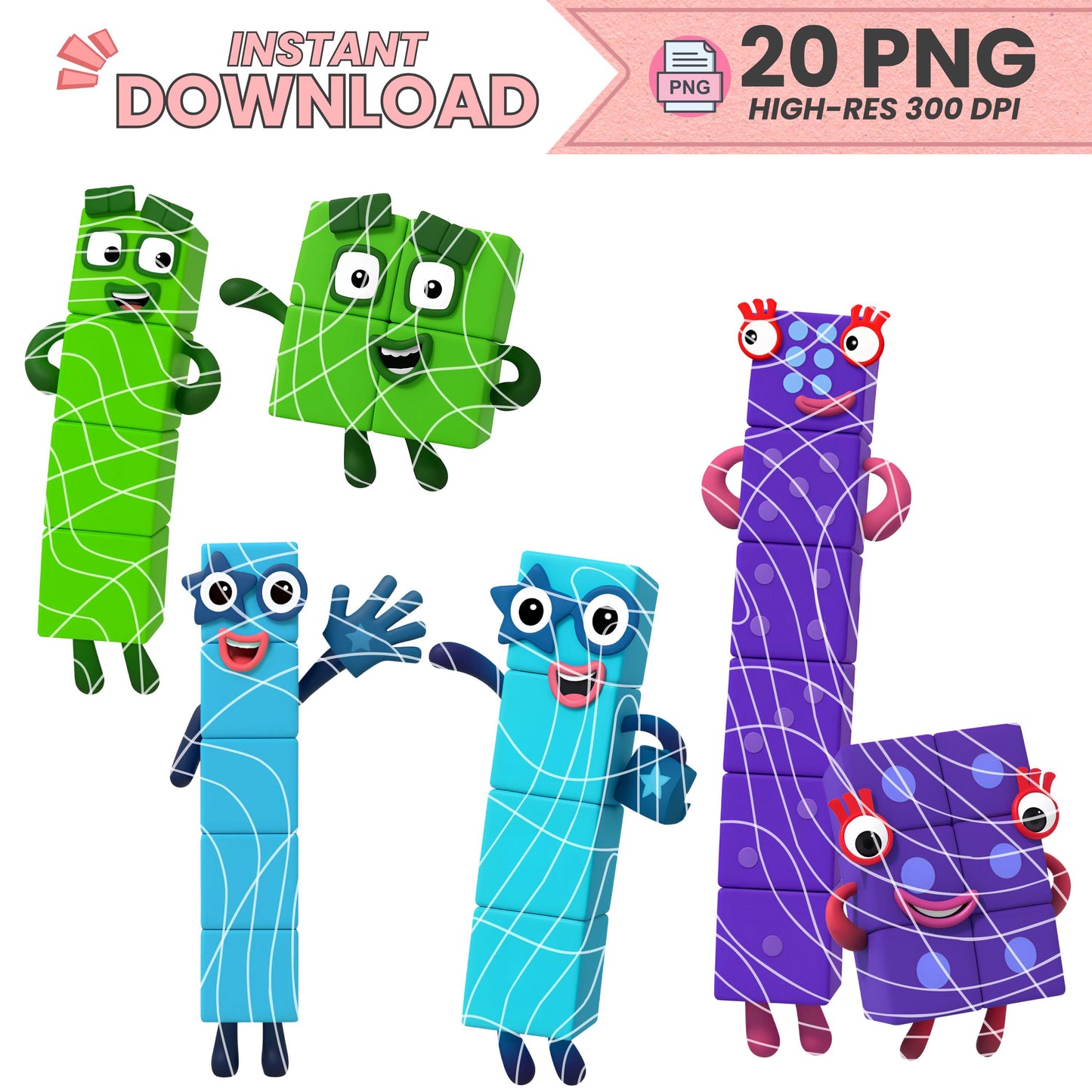 Numberblocks PNG Clipart Bundle – 20 Digital Images | 300 DPI | Instant Download | Printable Cake Toppers & Party Decor | DIY Stickers
