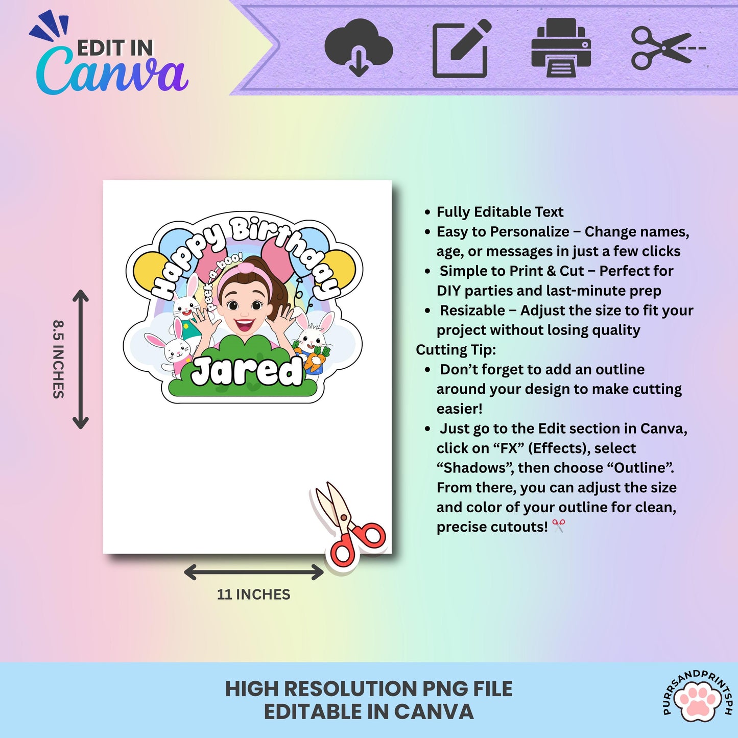 Miss Rachel Bunny Birthday Topper | Editable Canva Template | 300 DPI