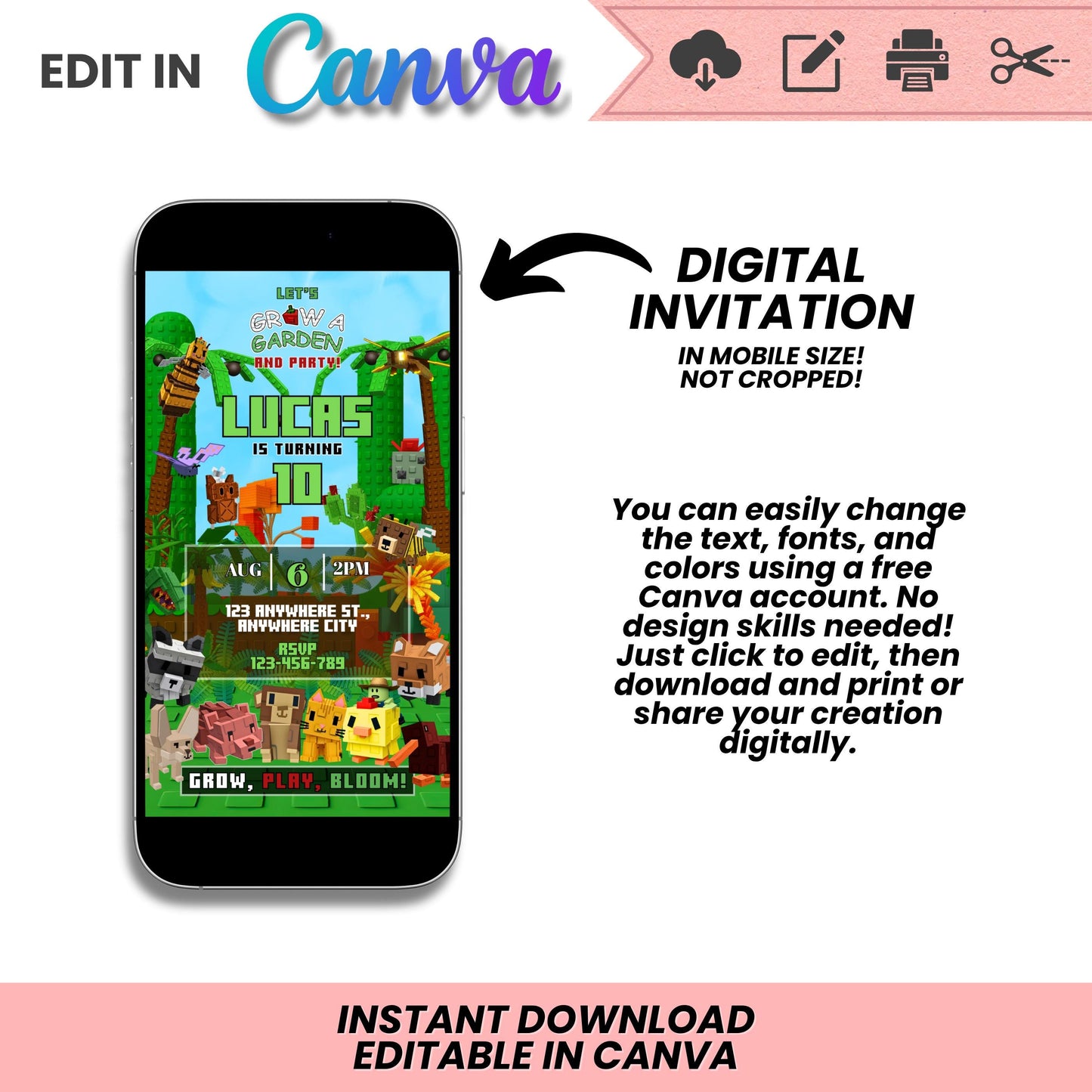 Roblox Grow a Garden Birthday Invitation | Grow a Garden Theme | Editable Canva Template | Digital Download | DIY Birthday Invite 2in 1