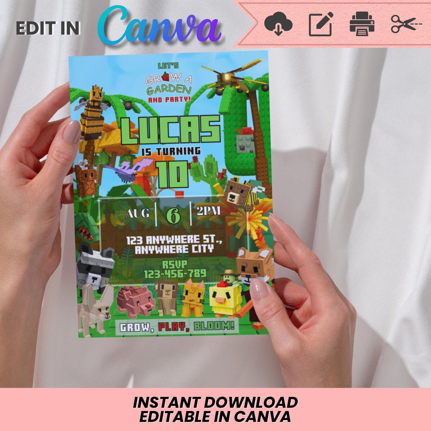 Roblox Grow a Garden Birthday Invitation | Grow a Garden Theme | Editable Canva Template | Digital Download | DIY Birthday Invite 2in 1