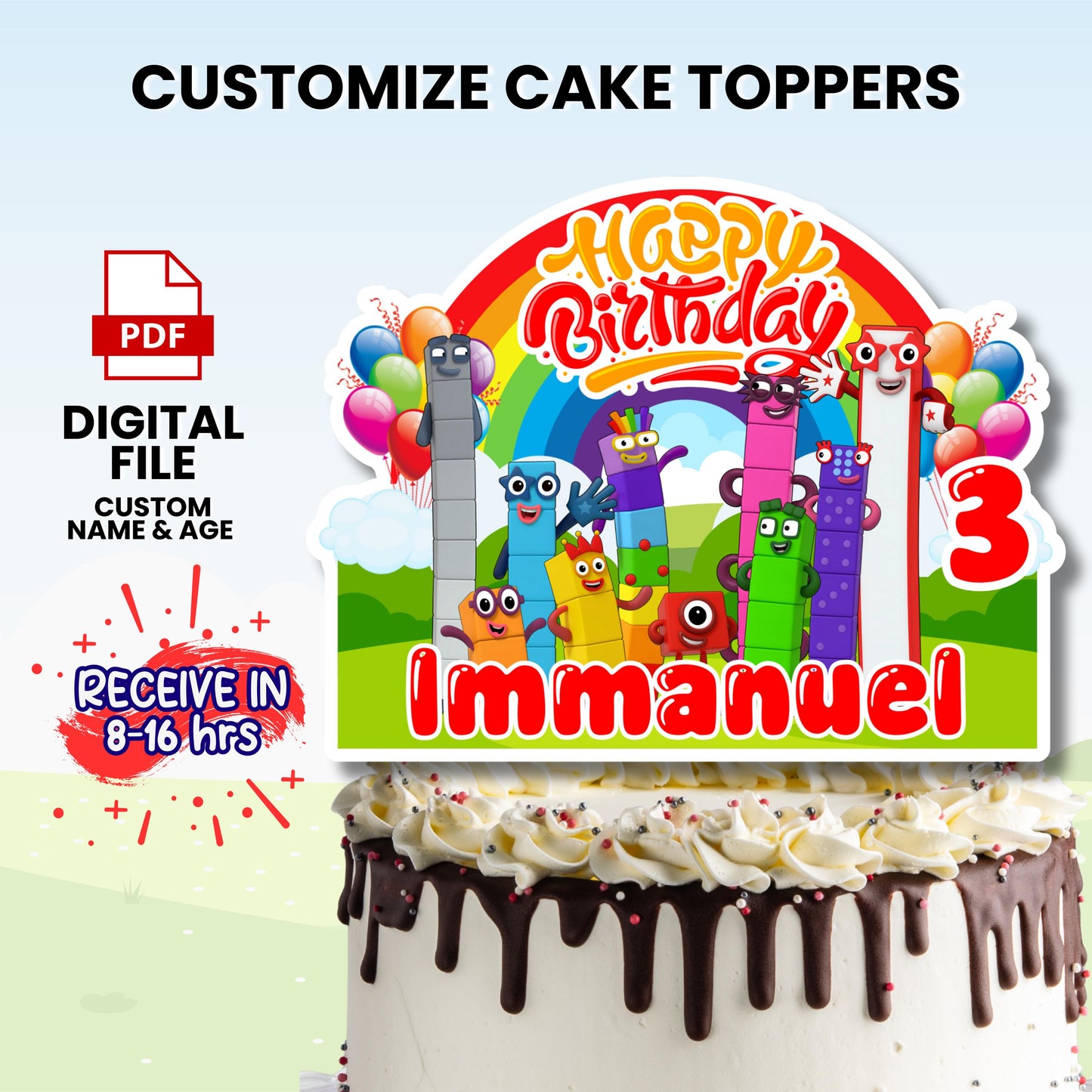 Numberblocks Birthday Cake Topper – Personalized Name & Age – Educational Cartoon Party Decoration – Printable PDF – Ready to Print | DIY