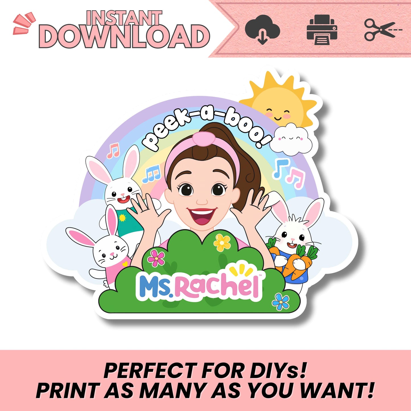 Miss Rachel Peek-a-Boo Birthday Printable | Bunny & Rainbow PNG | 300 DPI DIY Party Decor