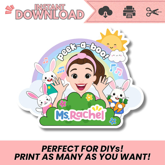 Miss Rachel Peek-a-Boo Birthday Printable | Bunny & Rainbow PNG | 300 DPI DIY Party Decor