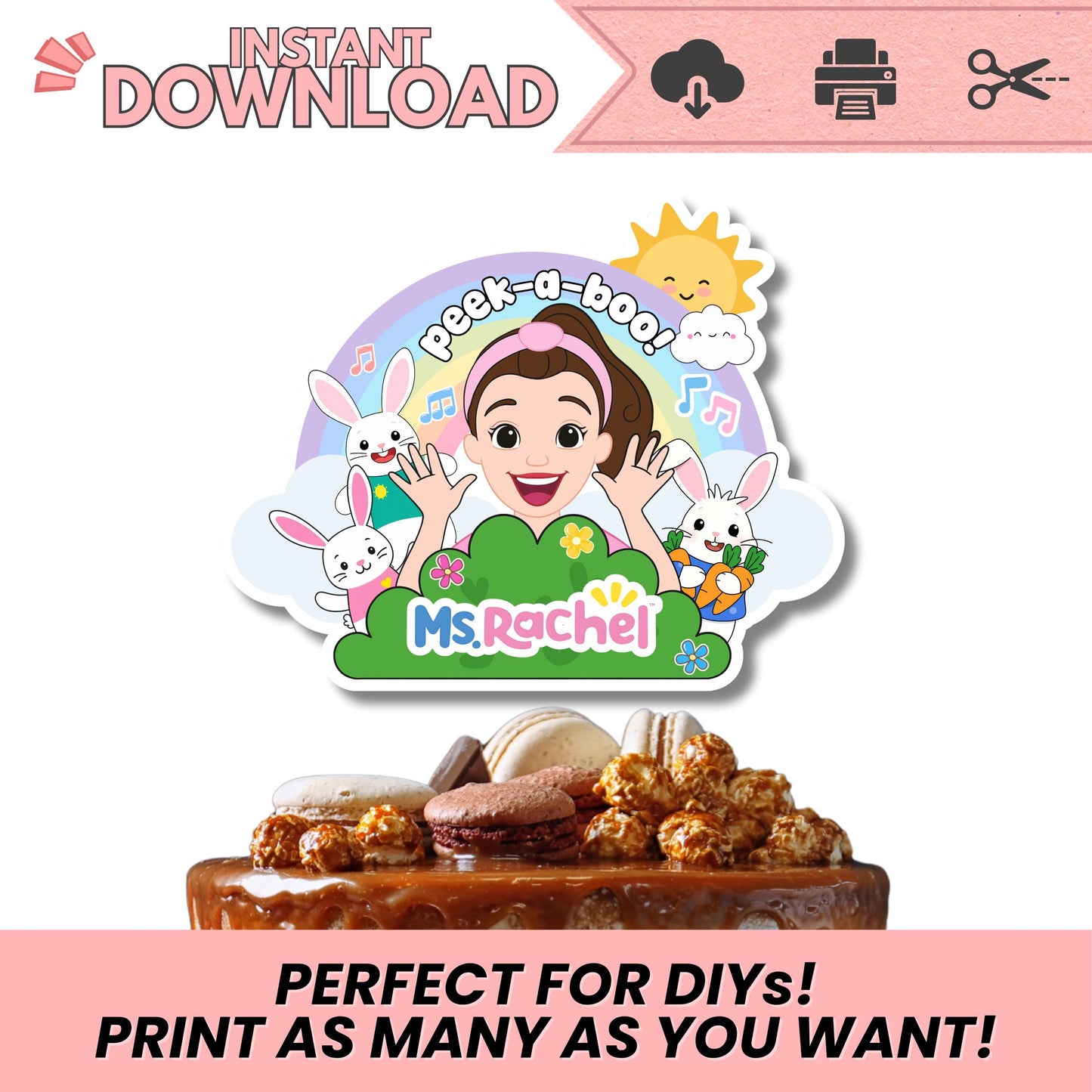 Miss Rachel Peek-a-Boo Birthday Printable | Bunny & Rainbow PNG | 300 DPI DIY Party Decor