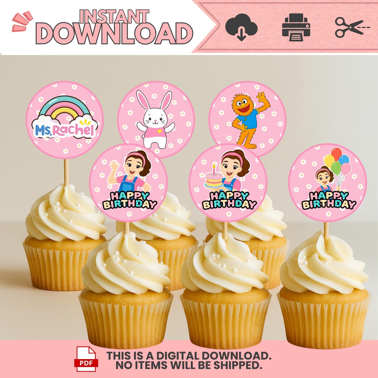Miss Rachel Inspired Cupcake Toppers Girl – 12 Designs | Instant Download | High-Resolution PDF | Printable Birthday Party Decor | DIY Party