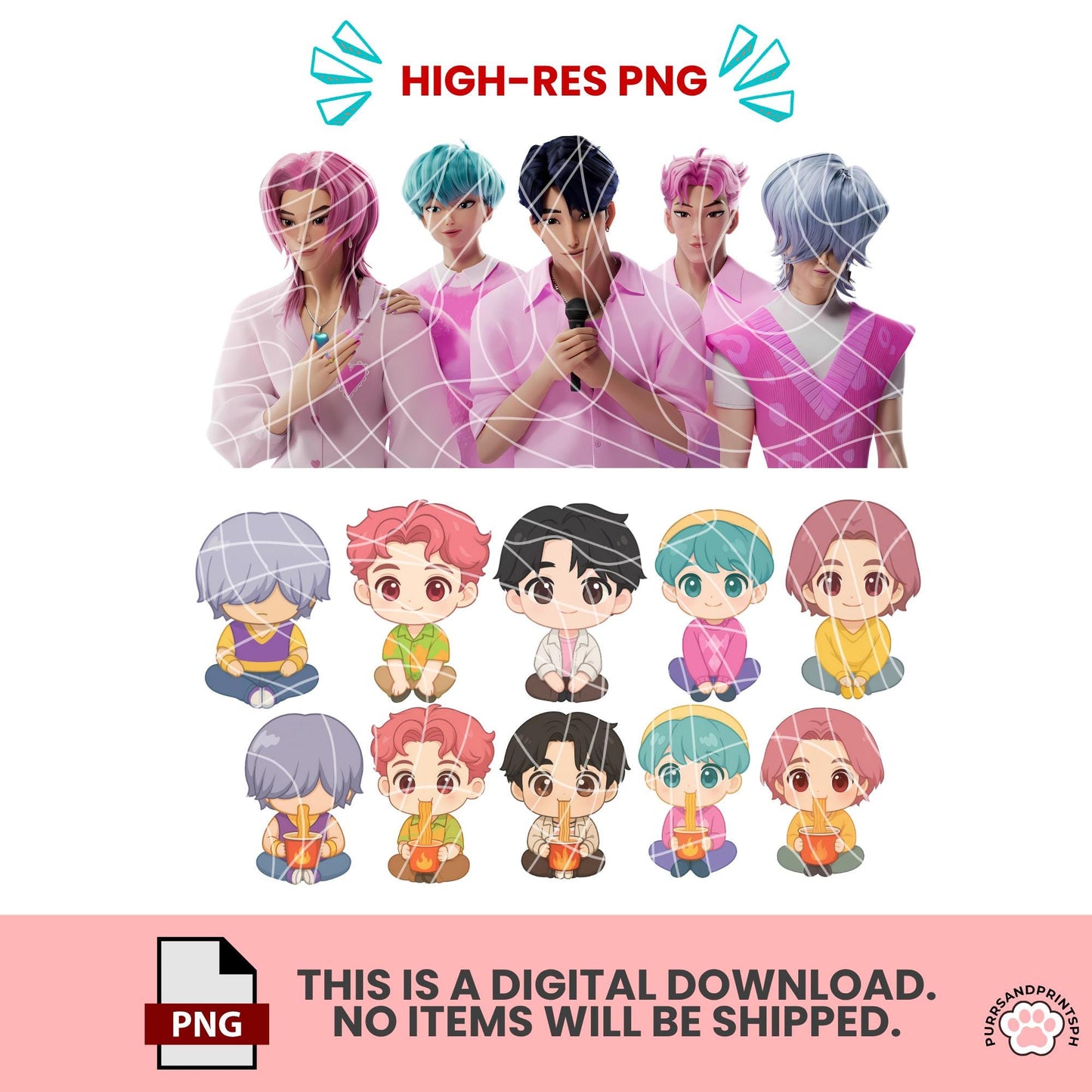 K-pop Demon Hunters Clipart Pack – Huntr/x Saja Boys – 300 DPI High-Resolution PNG transparent – Rumi, Mira, Zoey – Instant Digital Download