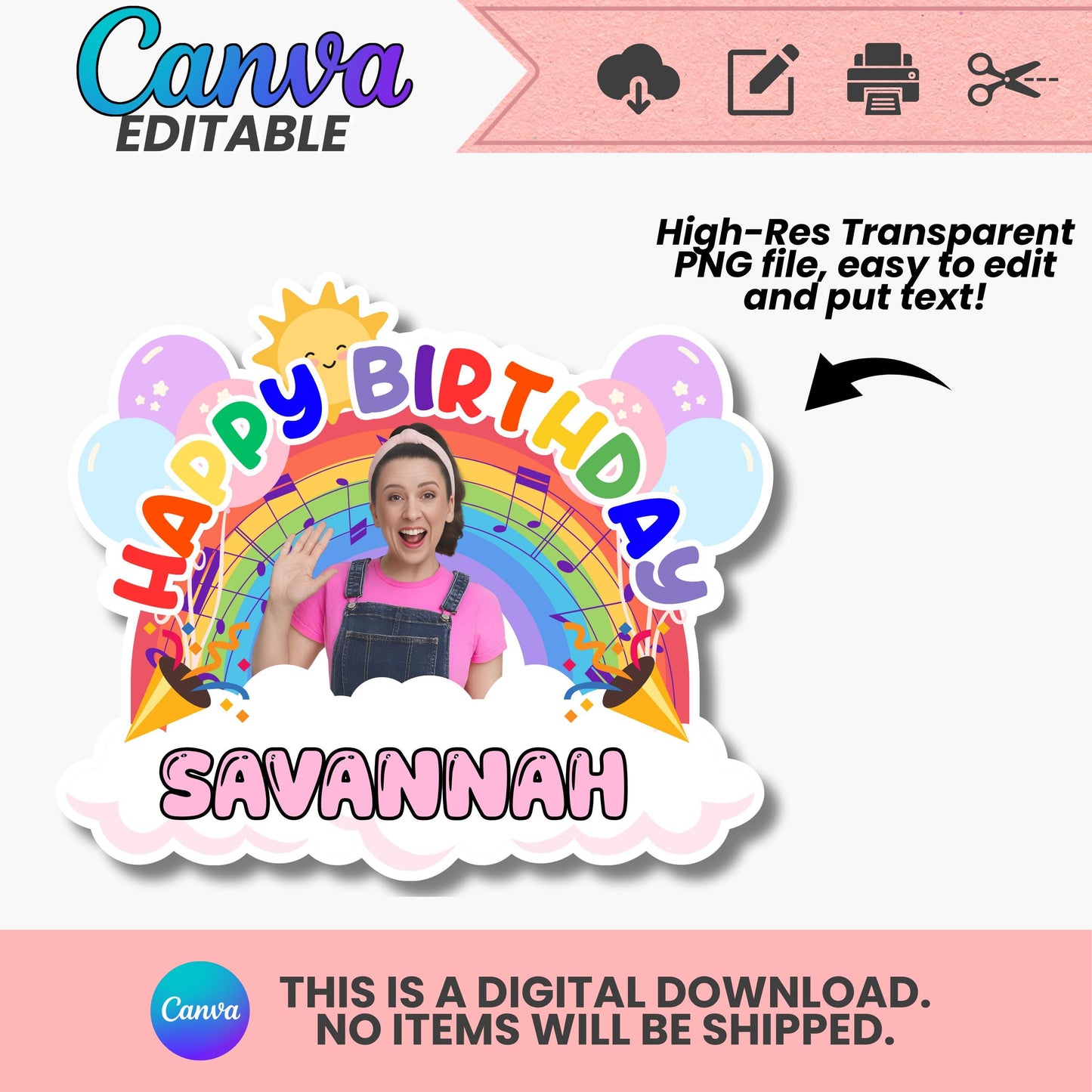 Miss Rachel Cake Topper for Girl/Boy – Editable Canva Template | Digital Download | DIY Birthday Party Decor | High-Resolution 300 DPI | 002