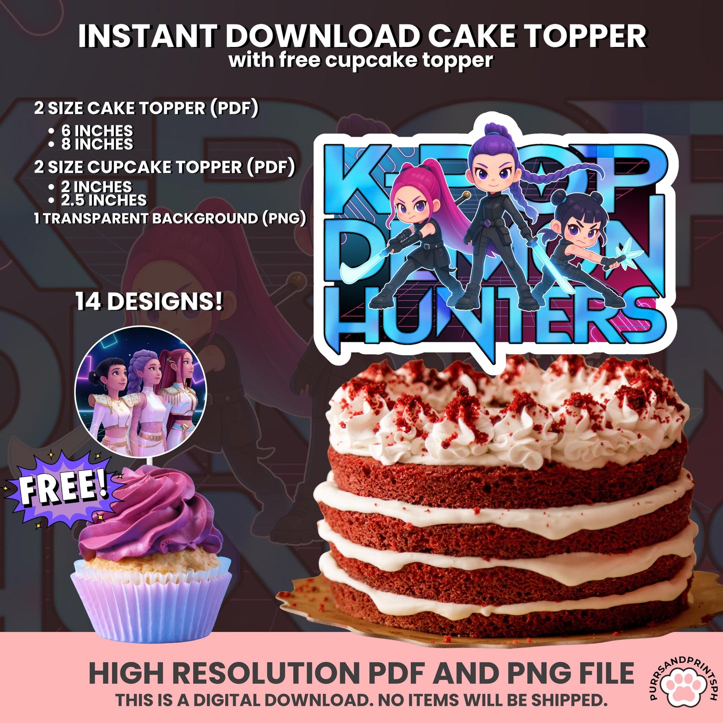 Instant Download Birthday Kpop Demon Hunters cake Toppers, Demon Hunters Cupcake Topper, Printable Birthday Decoration huntr/x design 4