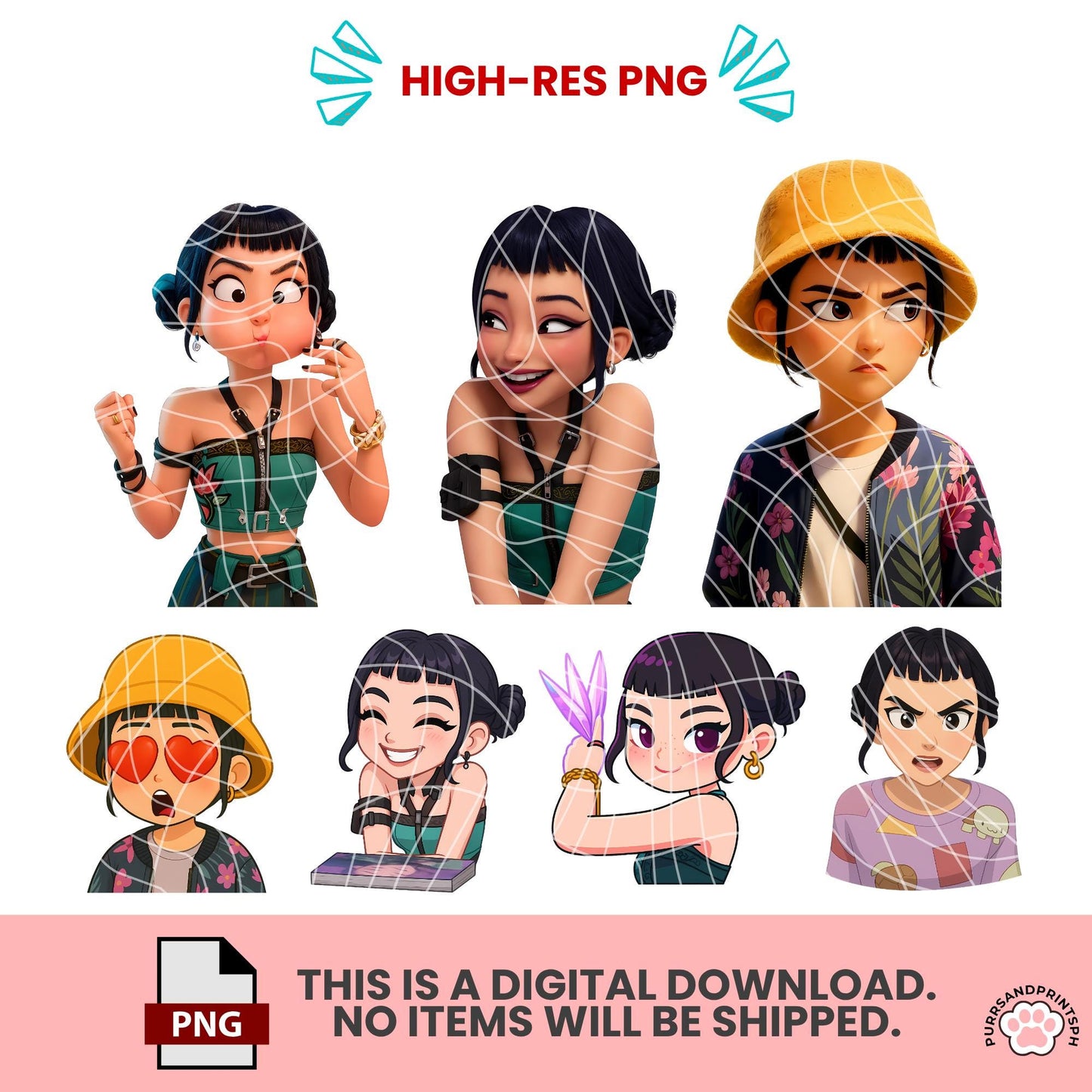 K-pop Demon Hunters Clipart Pack – Huntr/x Saja Boys – 300 DPI High-Resolution PNG transparent – Rumi, Mira, Zoey – Instant Digital Download