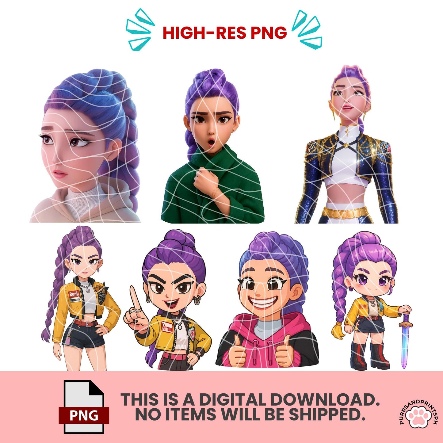K-pop Demon Hunters Clipart Pack – Huntr/x Saja Boys – 300 DPI High-Resolution PNG transparent – Rumi, Mira, Zoey – Instant Digital Download