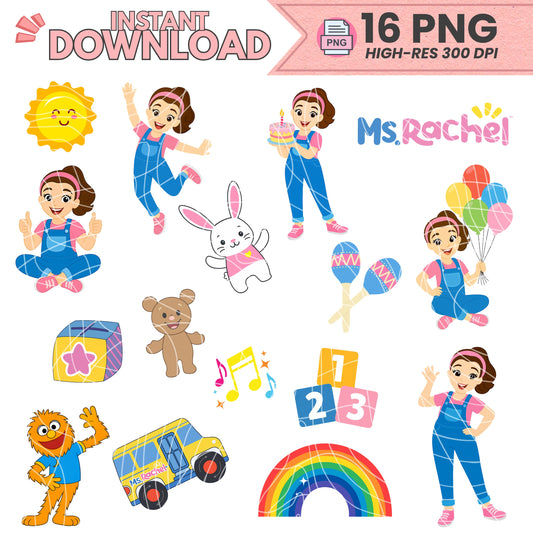 Miss Rachel Clipart PNG Bundle – 16 Digital Images | 300 DPI Transparent Files | Instant Download for Cake Toppers & DIY Party Decor