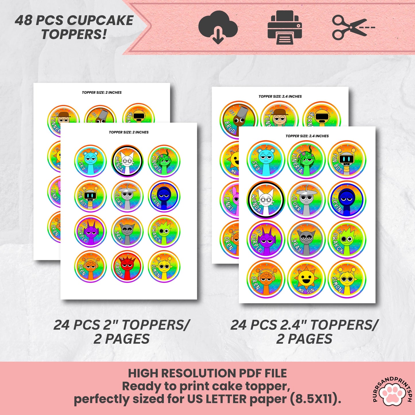 Printable Sprunki Cupcake Toppers Template, Incredibox Sprunki Birthday Party Decor, Digital Kids Party DIY Birthday Digital