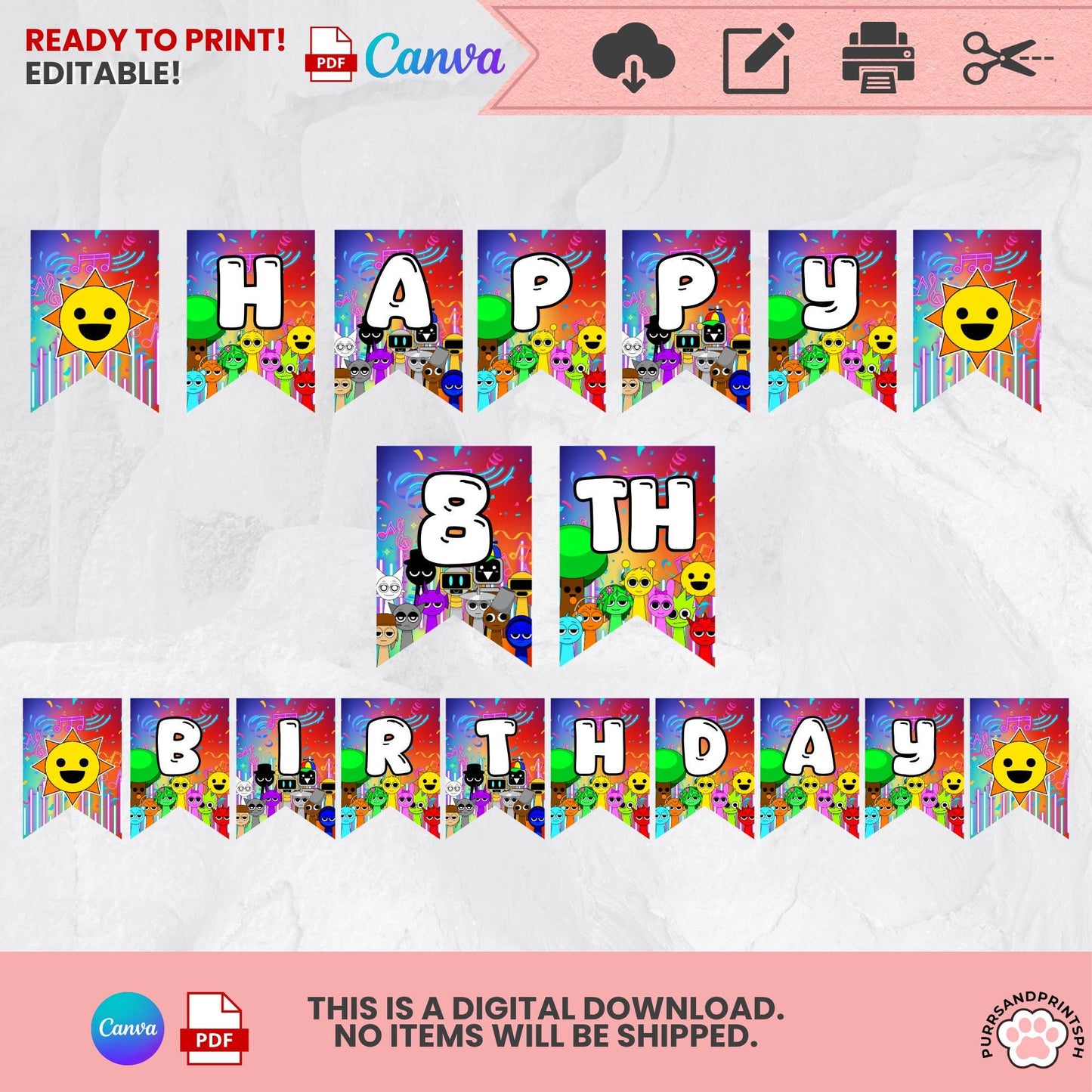 Musical Incredibox Sprunki  Birthday Banner | Printable Party Pennant Decor | Editable Canva Template | Party Decorations | Digital Download