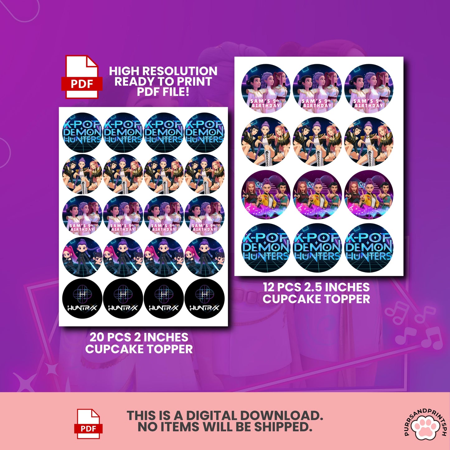 Customize Birthday Kpop Demon Hunters cake Toppers, Demon Hunters Cupcake Topper, Printable Birthday Decoration huntr/x design 2