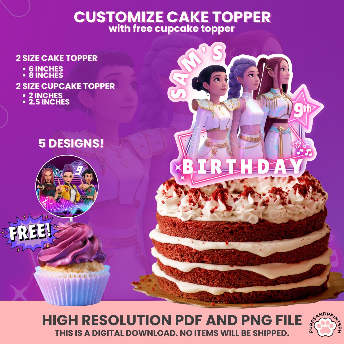 Customize Birthday Kpop Demon Hunters cake Toppers, Demon Hunters Cupcake Topper, Printable Birthday Decoration huntr/x design 2