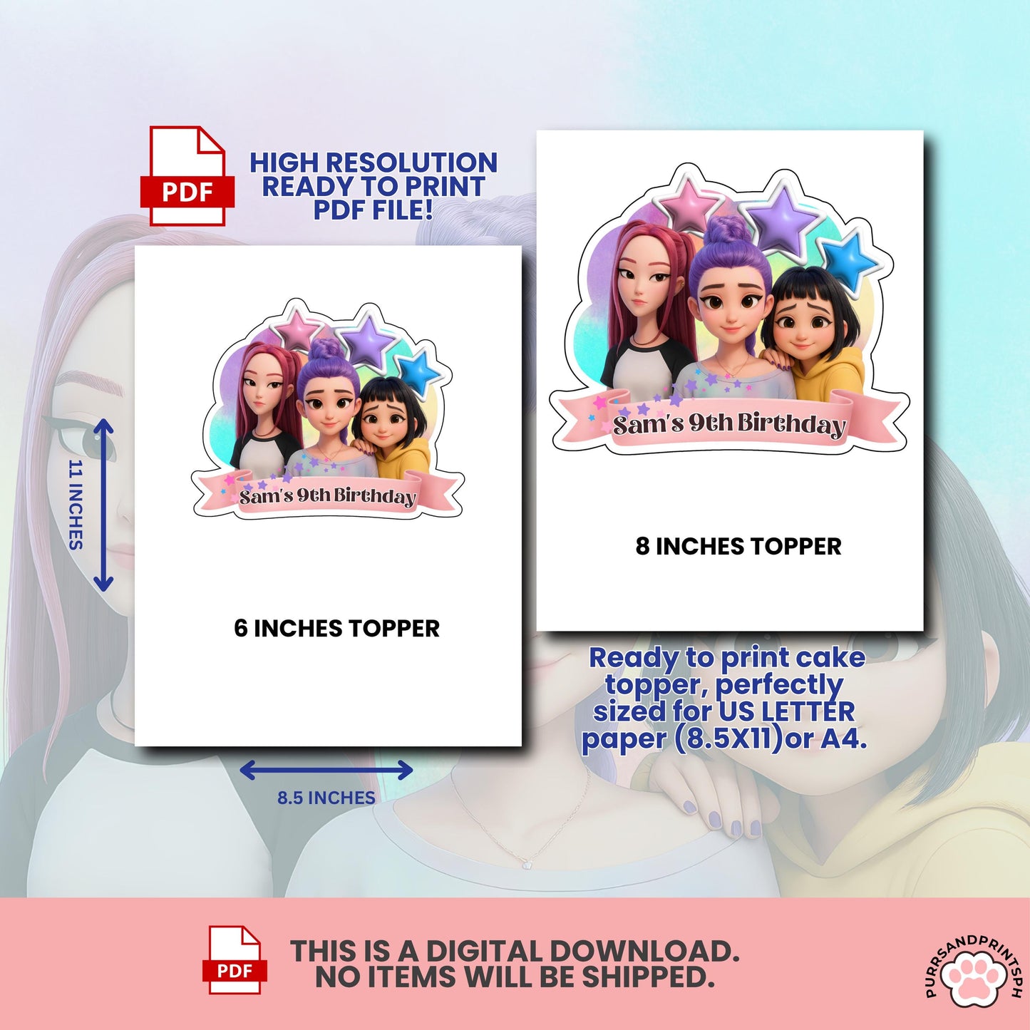 Customize Birthday Kpop Demon Hunters cake Toppers, Demon Hunters Cupcake Topper, Printable Birthday Decoration huntr/x design 3