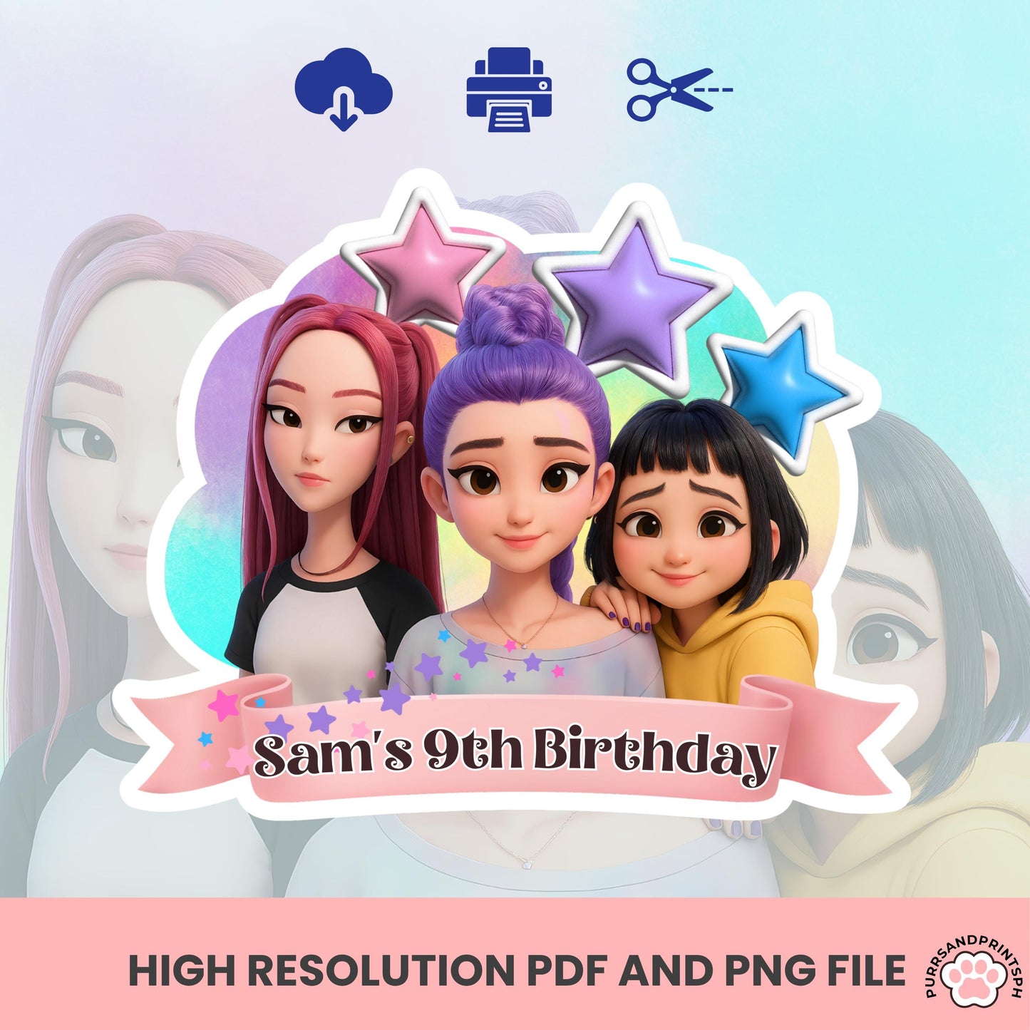 Customize Birthday Kpop Demon Hunters cake Toppers, Demon Hunters Cupcake Topper, Printable Birthday Decoration huntr/x design 3