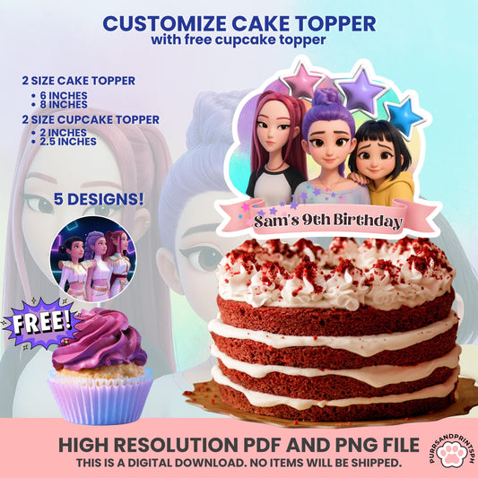 Customize Birthday Kpop Demon Hunters cake Toppers, Demon Hunters Cupcake Topper, Printable Birthday Decoration huntr/x design 3