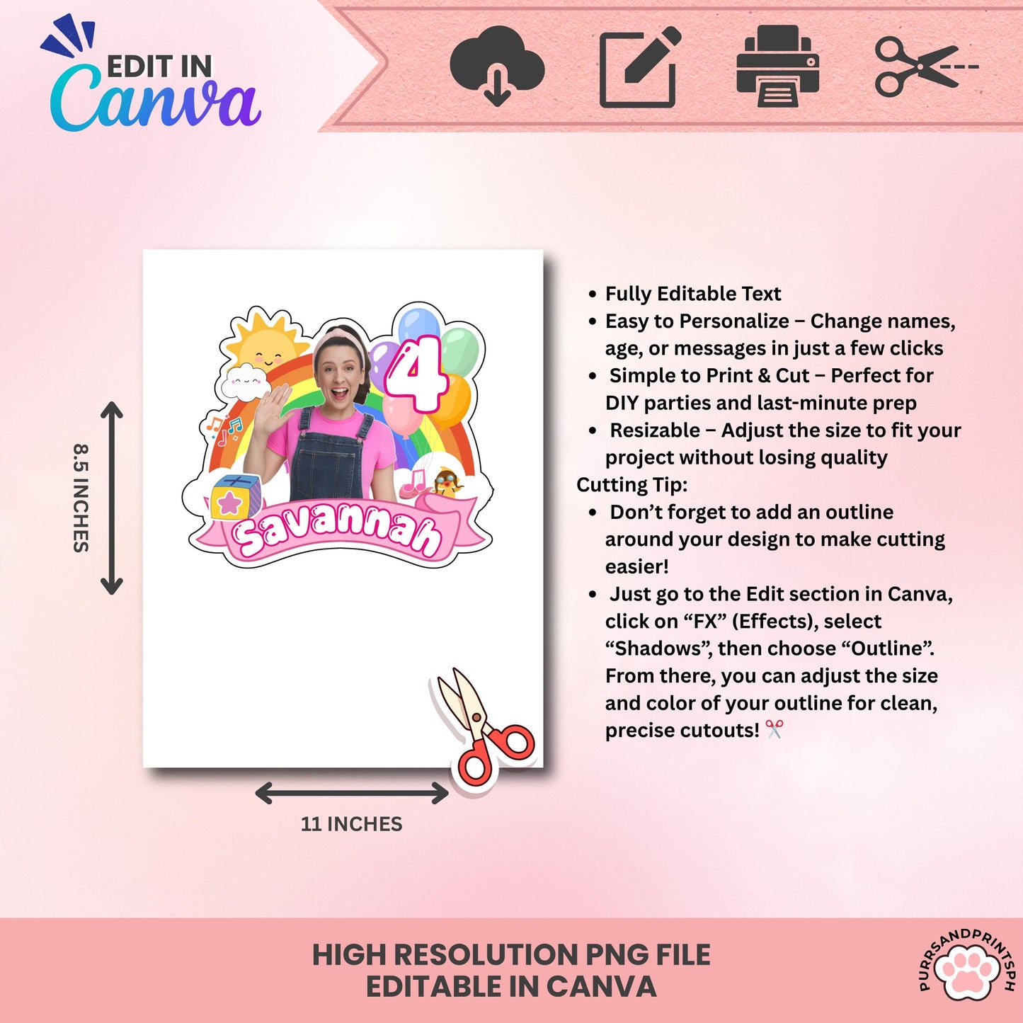 Miss Rachel Cake Topper for Girl – Editable Canva Template | Digital Download | DIY Birthday Party Decor | High-Resolution 300 DPI