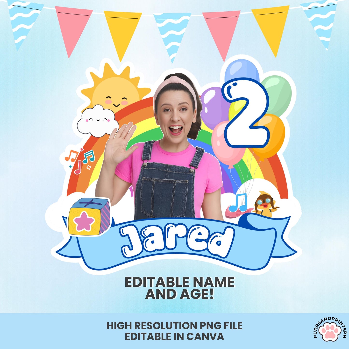 Miss Rachel Rainbow Cake Topper for Boy | Editable Canva Template | 300 DPI Birthday Party Decor