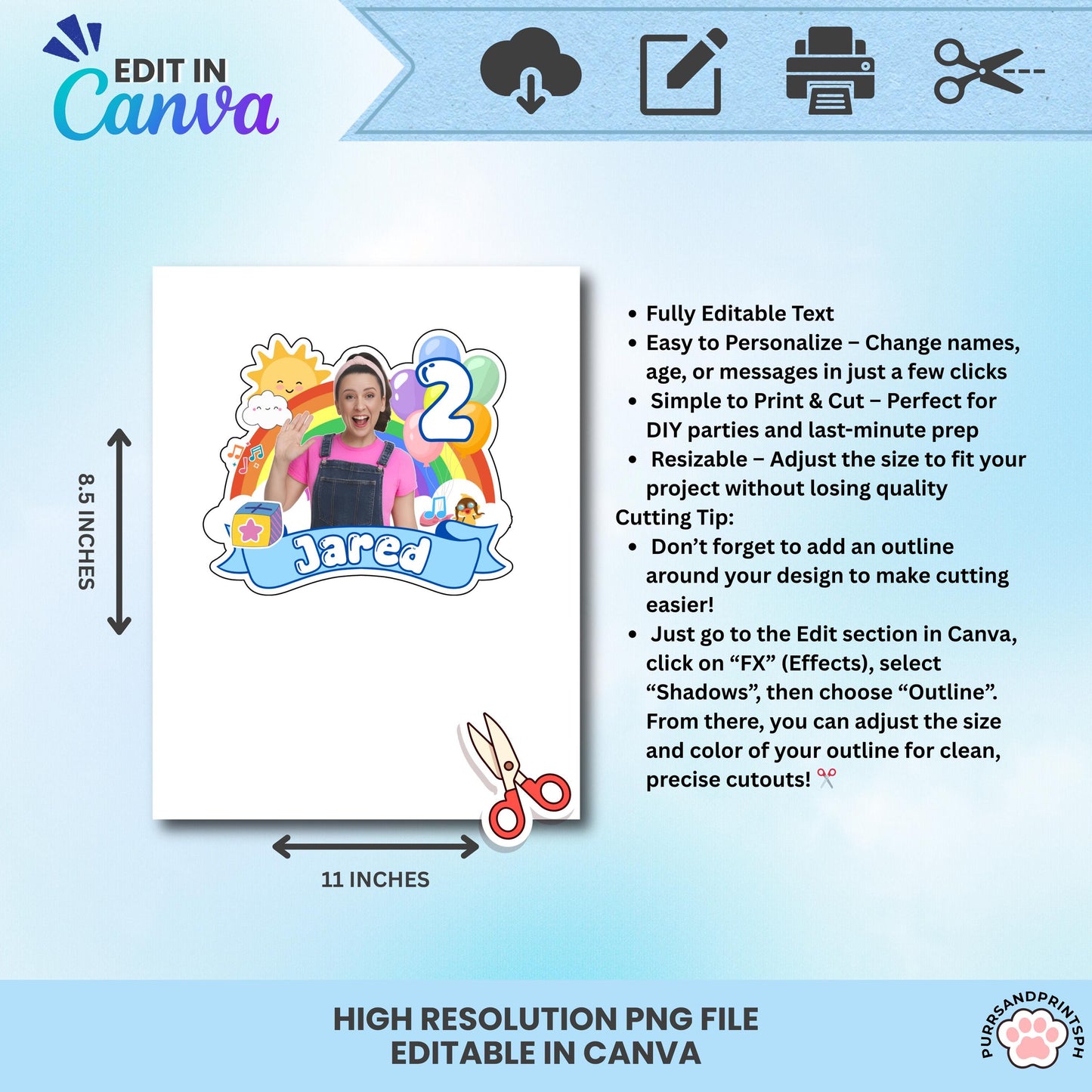 Miss Rachel Rainbow Cake Topper for Boy | Editable Canva Template | 300 DPI Birthday Party Decor