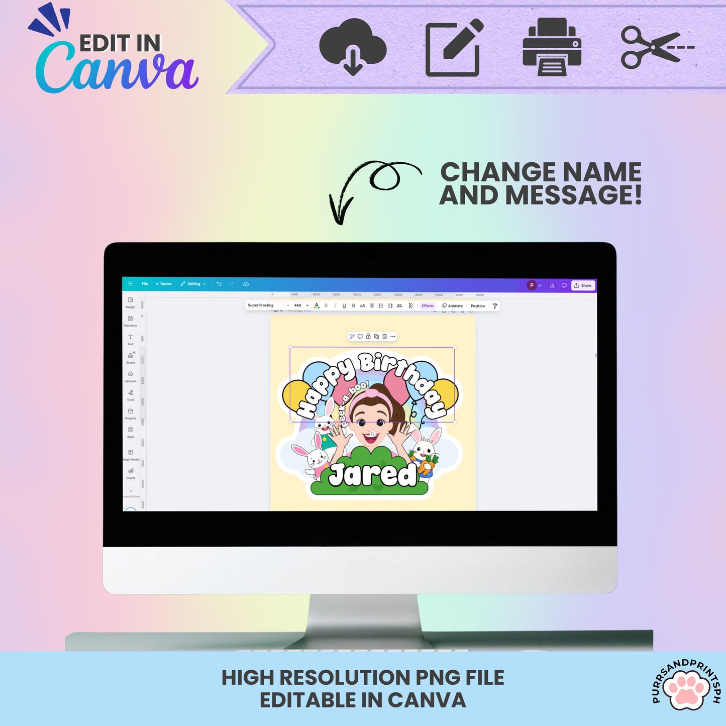 Miss Rachel Bunny Birthday Topper | Editable Canva Template | 300 DPI