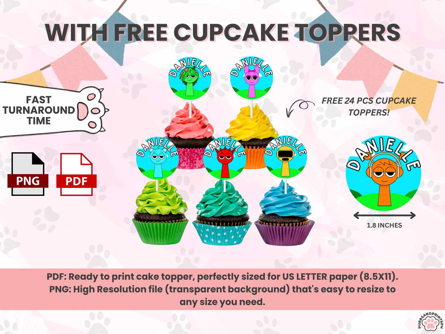 Sprunki Cake Topper – Custom Printable Birthday Decoration For Birthday party PDF with free cupcake toppers
