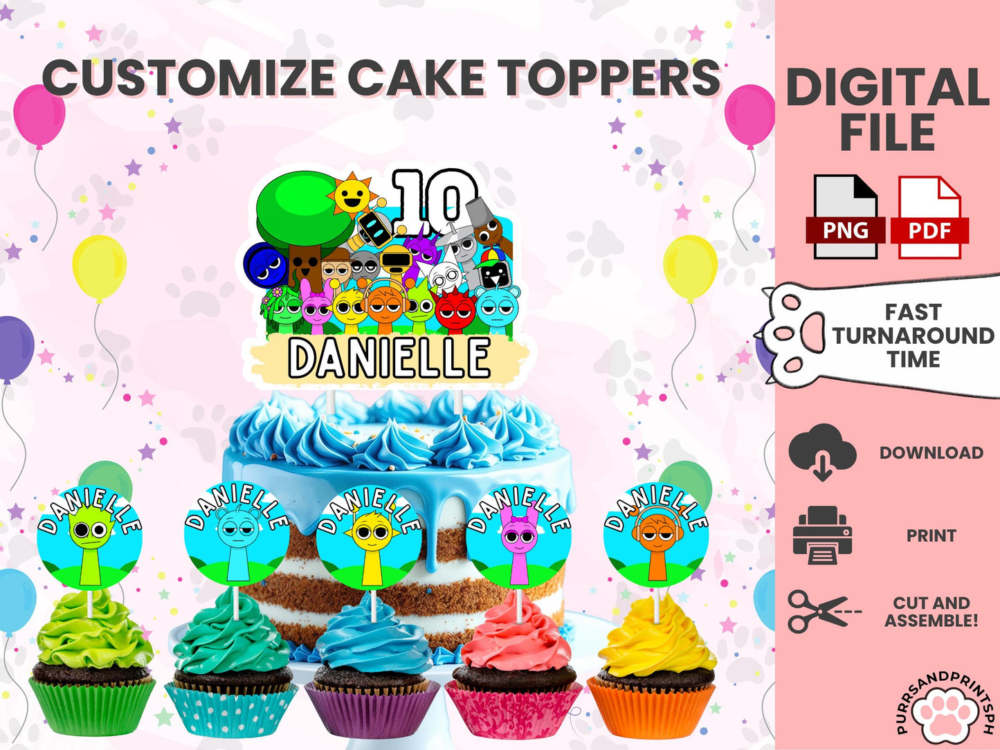 Sprunki Cake Topper – Custom Printable Birthday Decoration For Birthday party PDF with free cupcake toppers