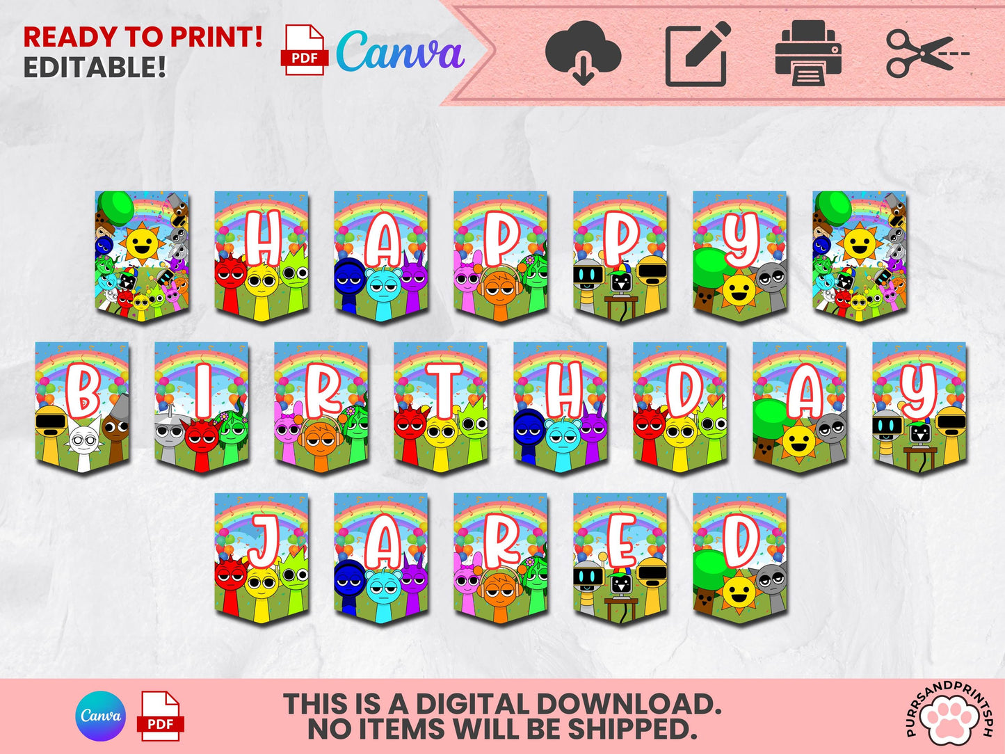 Musical Sprunki Incredibox Birthday Banner | Printable Party Pennant Decor | Editable Canva Template | Party Decorations | Digital Download
