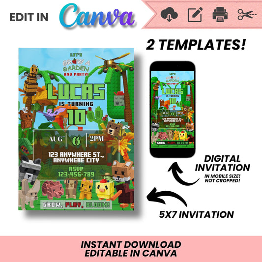 Roblox Grow a Garden Birthday Invitation | Grow a Garden Theme | Editable Canva Template | Digital Download | DIY Birthday Invite 2in 1