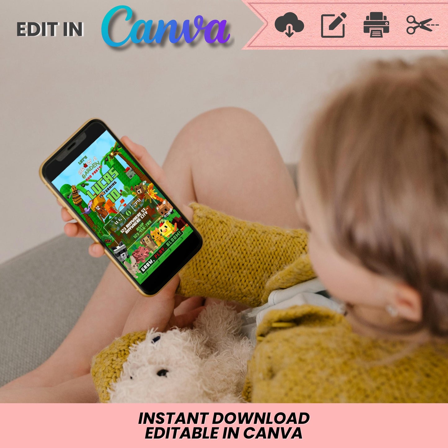 Roblox Grow a Garden Birthday Invitation | Grow a Garden Theme | Editable Canva Template | Digital Download | DIY Birthday Invite 2in 1