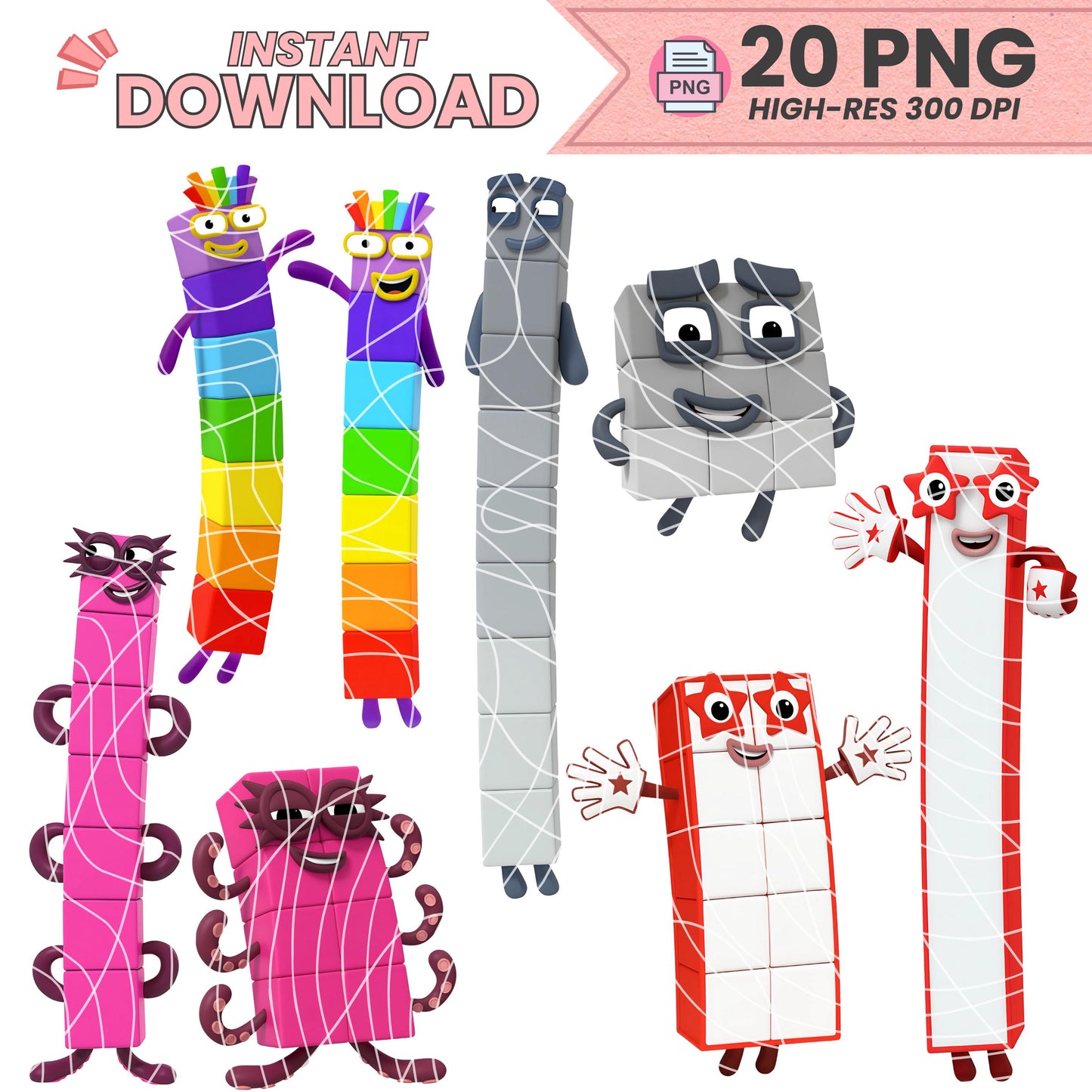 Numberblocks PNG Clipart Bundle – 20 Digital Images | 300 DPI | Instant Download | Printable Cake Toppers & Party Decor | DIY Stickers